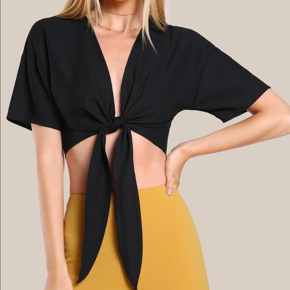 Black tie front blouse